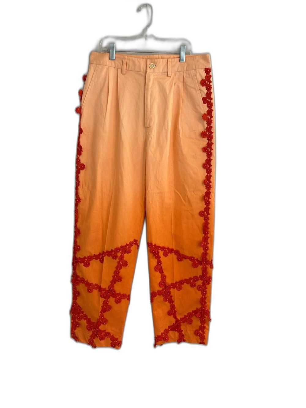 Perte D'Ego Handmade Orange Floral Embellished Pants Red Appliqué Size S